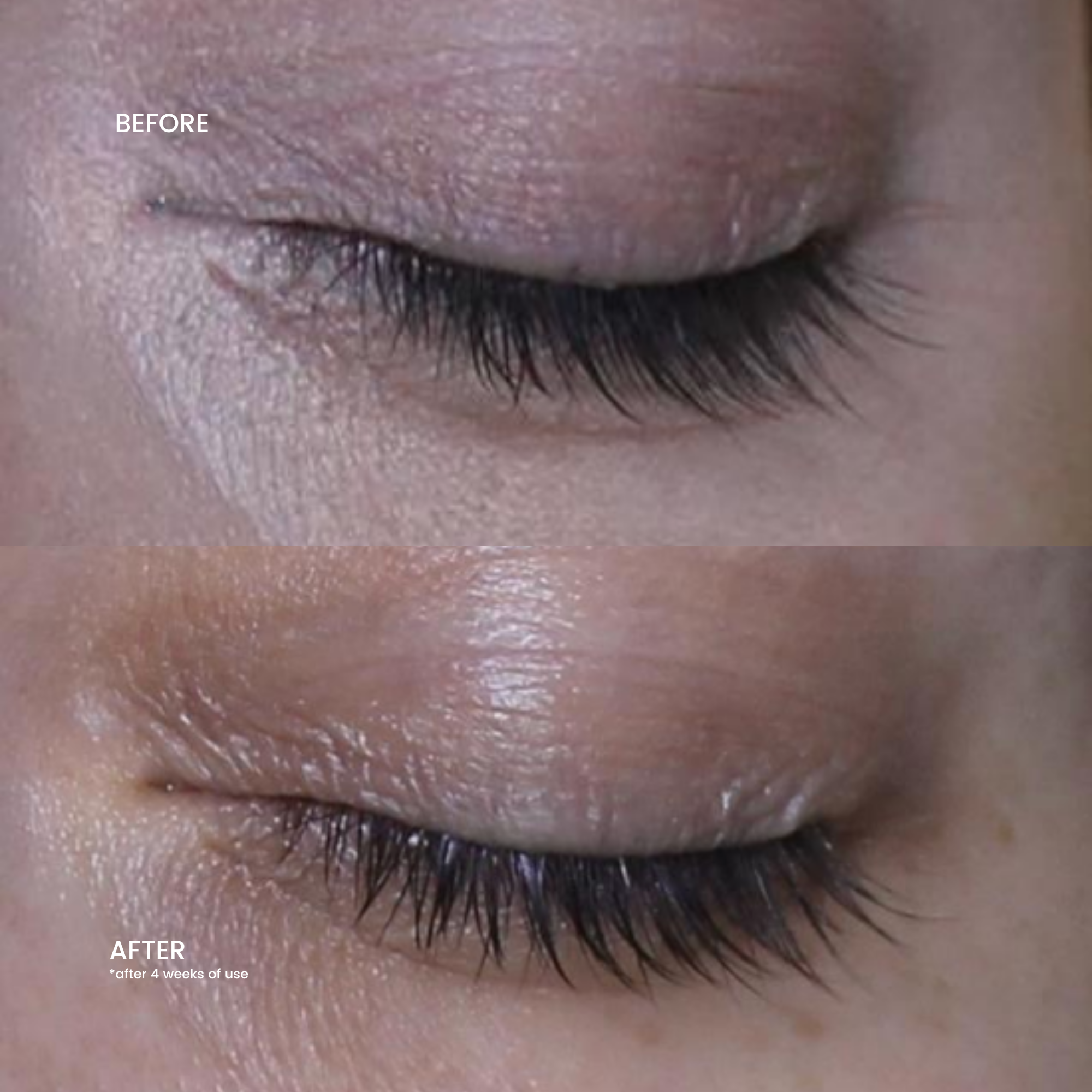 Lash serum before and after 4 weeks showing visibly longer and thicker eyelashes with WOWBROW Brow and Lash Serum